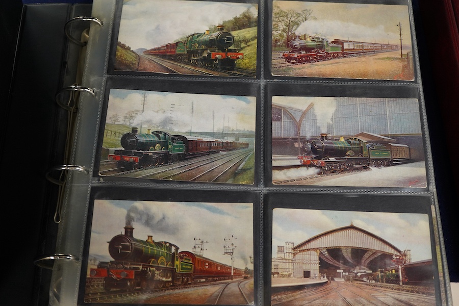 A collection of early 20th century railway related postcards, contained within two modern postcard albums, mainly pre-grouping railway companies including; the GWR, the LNWR, the Caledonian Railway, the Great North of Sc